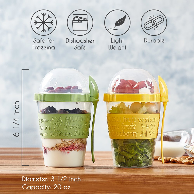 2 Pack Yogurt Parfait Cups with Lids, Breakfast on the Go Plastic Bowls with Topping Cup & Spoon