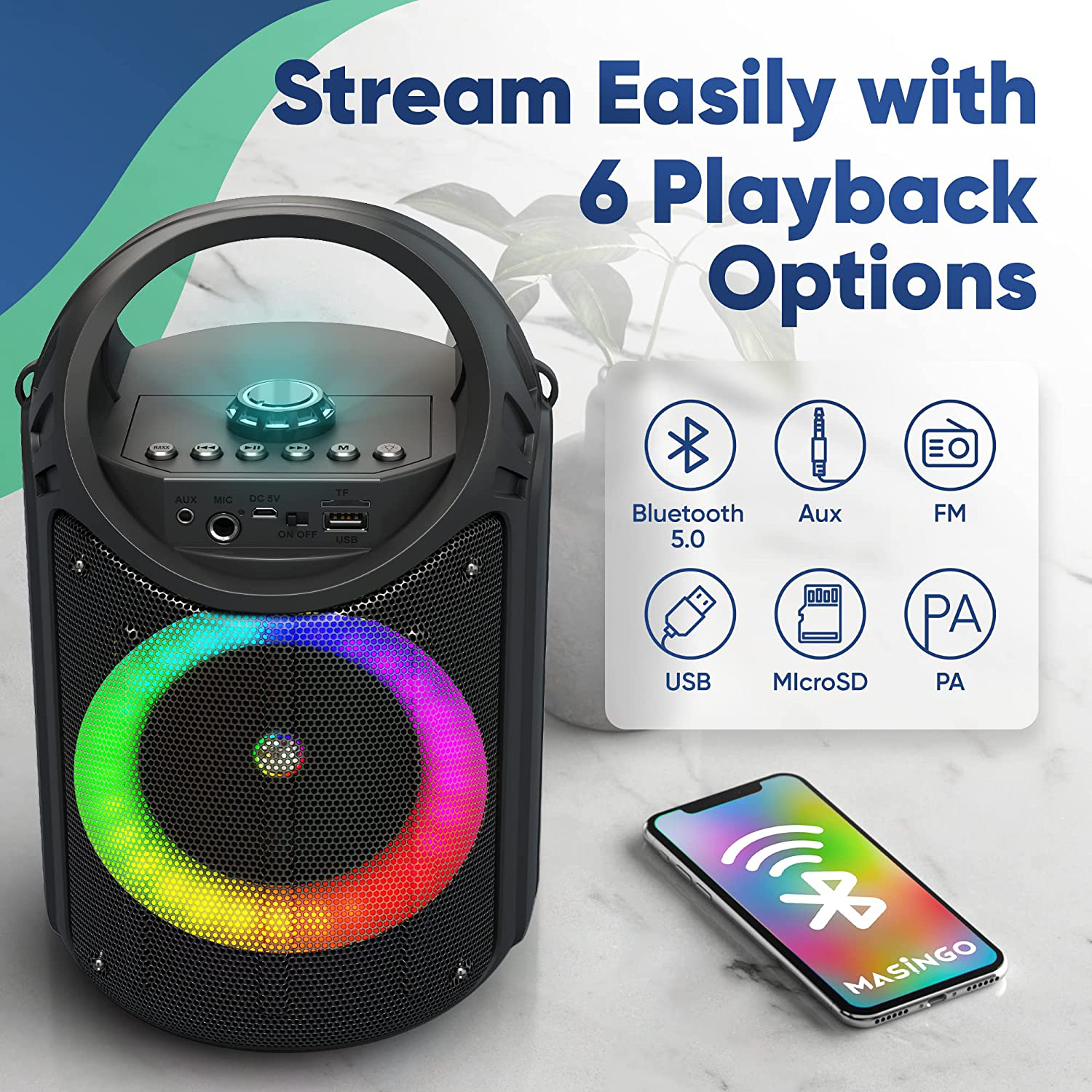 MASINGO 2022 New Bluetooth Karaoke Machine for Adults and Kids with 1 Wireless Karaoke Microphone and 1 Wired Mic - PA Portable Speaker System with LED Party Lights Burletta C10