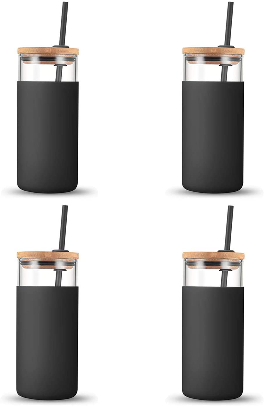tronco 20oz Glass Tumbler Glass Water Bottle Straw Silicone Protective Sleeve Bamboo Lid - BPA Free (Black/ 4-Pack)
