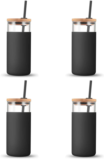 tronco 20oz Glass Tumbler Glass Water Bottle Straw Silicone Protective Sleeve Bamboo Lid - BPA Free (Black/ 4-Pack)