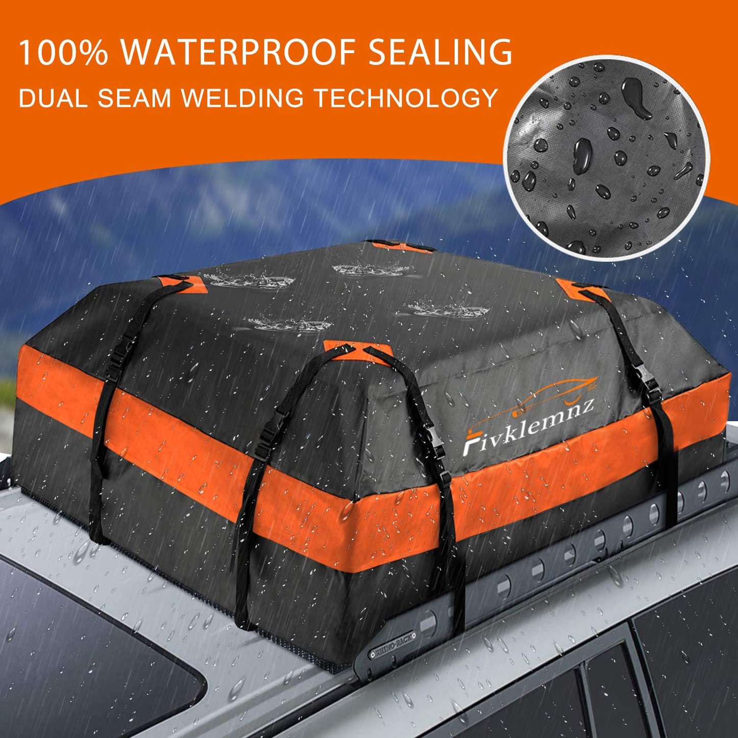 Fivklemnz Car Roof Bag Cargo Carrier, 15 Cubic Feet Waterproof Rooftop Cargo Carrier with Anti-Slip Mat + 8 Reinforced Straps + 4 Door Hooks Suitable for All Vehicle with/Without Rack