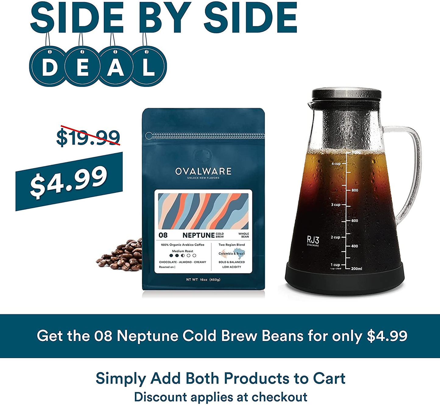 Airtight Cold Brew Iced Coffee Maker (& Iced Tea Maker) with Spout – 1.5L/ 51oz Ovalware RJ3 Brewing Glass Carafe with Removable Stainless Steel Filter