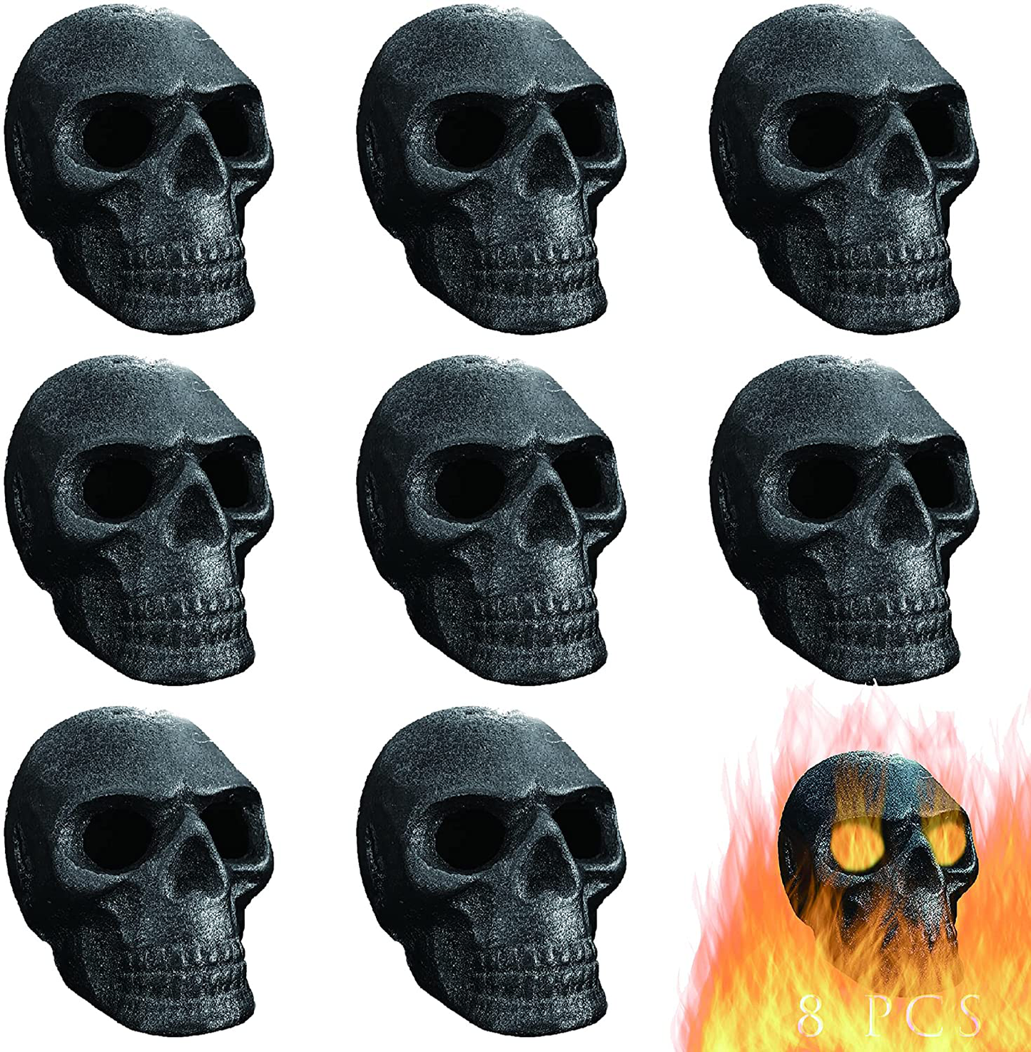 FYZTCOCPT Imitated Human Skull Gas Log for Indoor or Outdoor Fireplaces, Made of Metal, Durable for More Than 10 Years,Fire Pits Halloween Decor Skull Charcoal (Fireproof)(Refractory) (8 PCS)