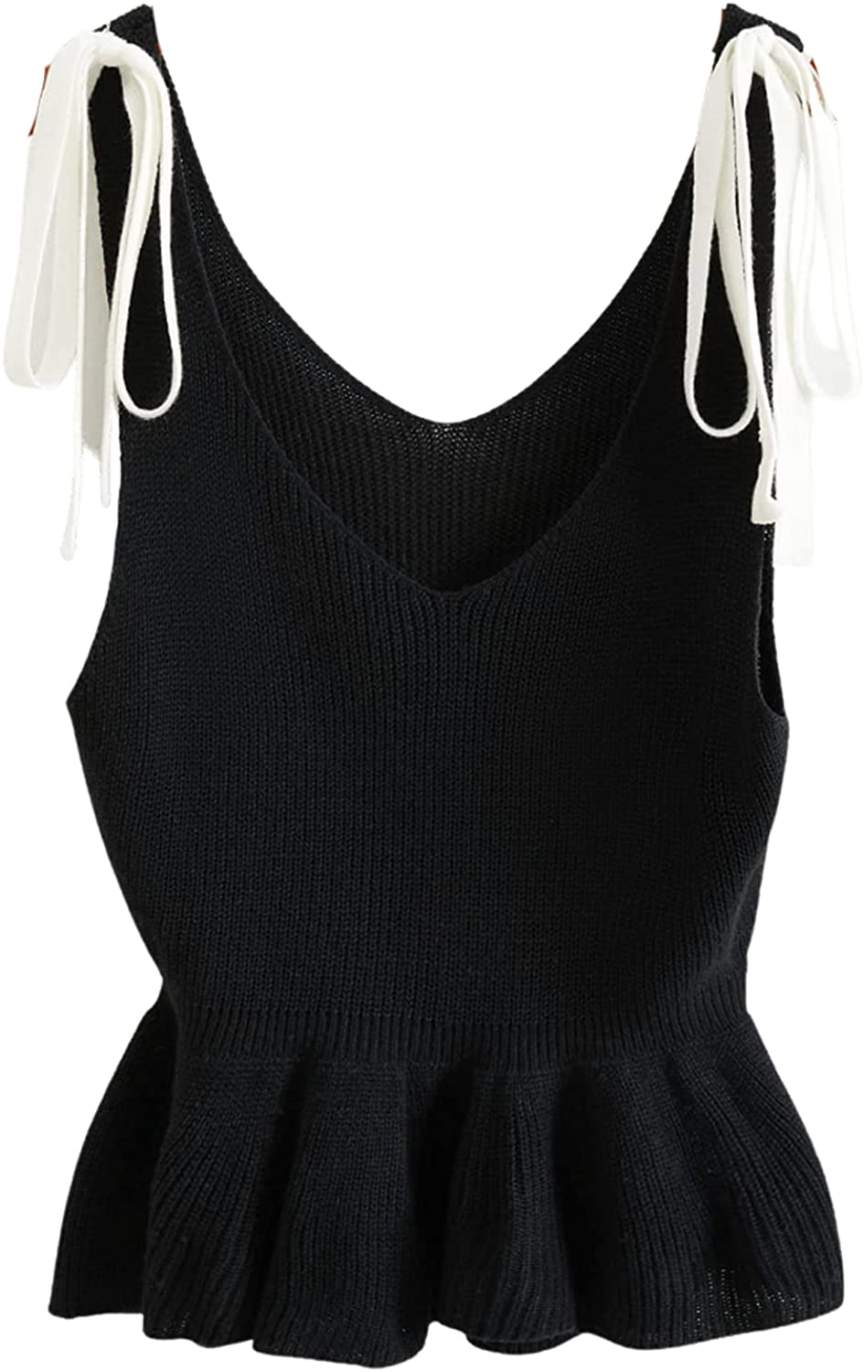 SweatyRocks Women's Casual Knit Top Sleeveless Ruffle Hem V Neck Peplum Crop Tank Top
