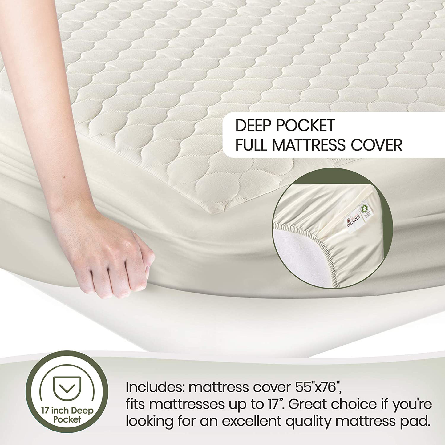 Whisper Organics, 100% Organic Mattress Protector - Quilted Fitted Mattress Pad Cover, GOTS Certified Breathable Mattress Protector - Ivory Color, 17" Deep Pocket (Queen Size Bed)