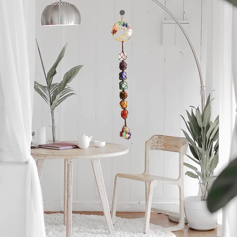 Tree of Life Chakra Stones Healing Crystals Feng Shui Hanging Ornament 7 Chakra Wall Ornament Meditation Hanging Ornament Window Ornament for Home Decor Party Decor