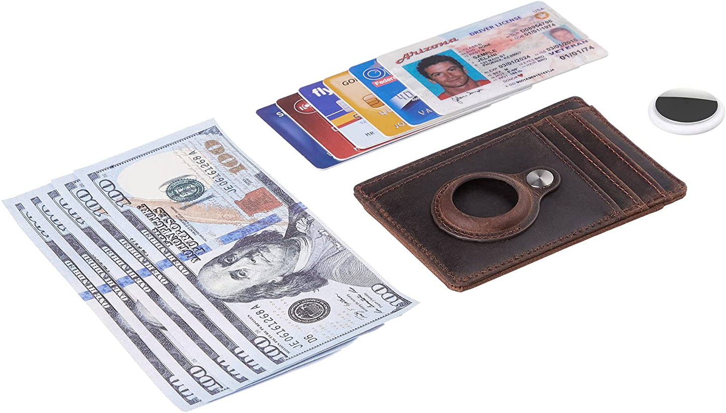 Hawanik Genuine Leather Slim Minimalist Front Pocket Wallet with Built-In Holder for Airtag