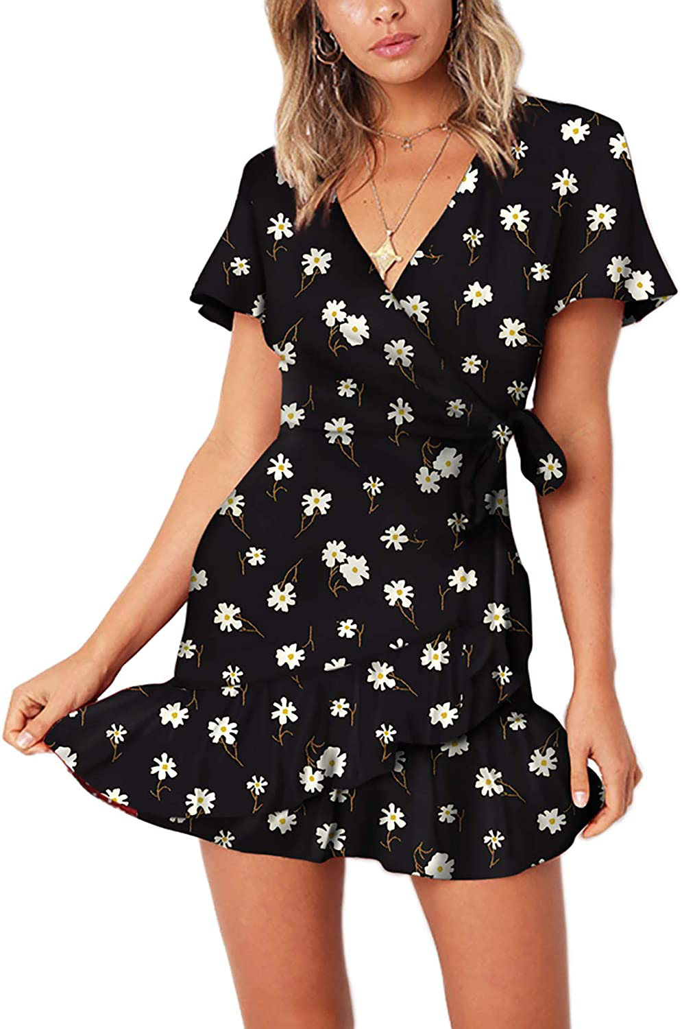 Relipop Summer Women Short Sleeve Print Dress V Neck Casual Short Dresses