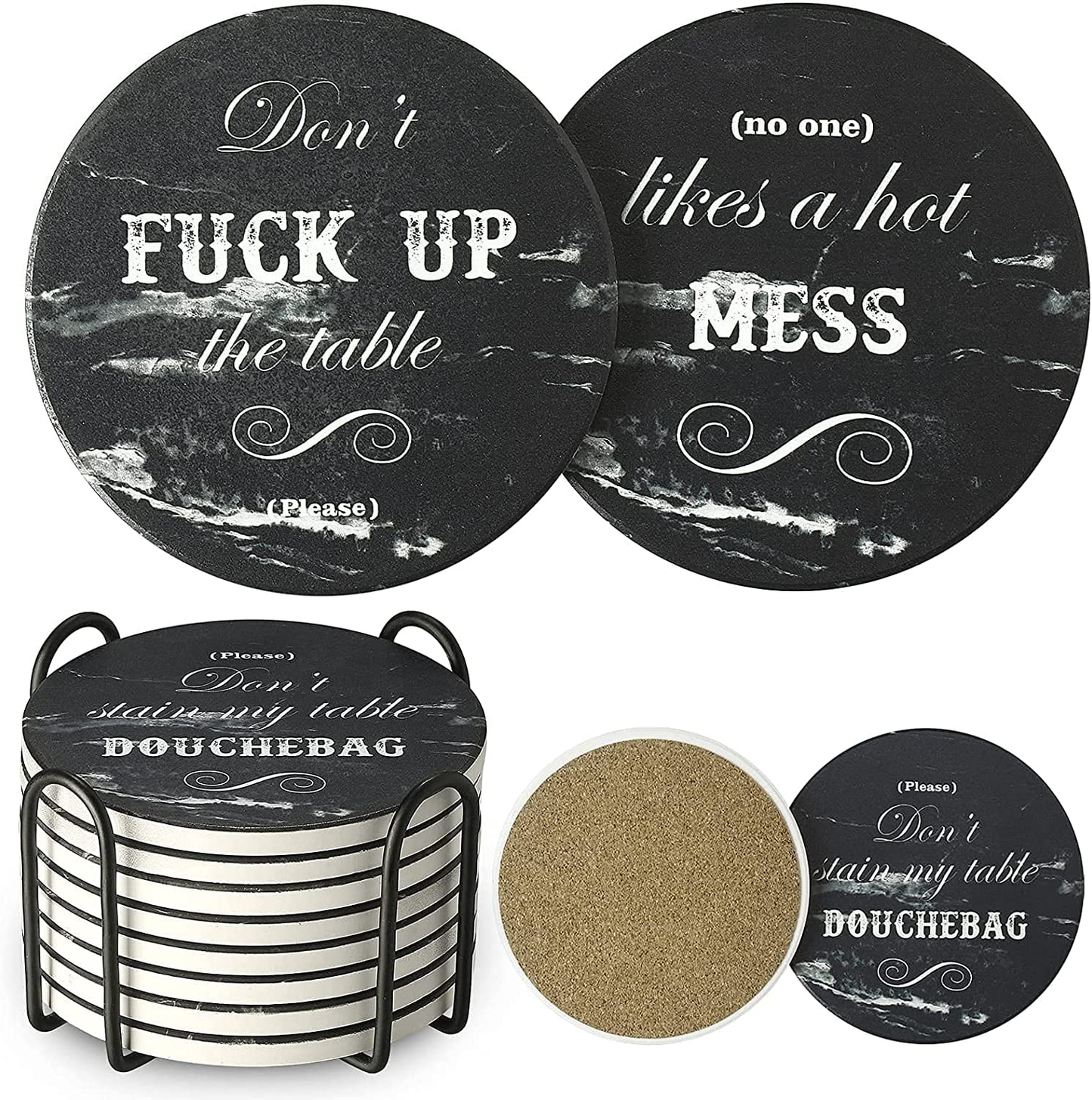 LIFVER Funny Coasters for Drinks Absorbent with Holder,8 Set Coasters with Cork Base, Ceramic White Marble Style Drink Coaster with 4 Sayings for Wooden Table, Bar, Housewarming Gifts