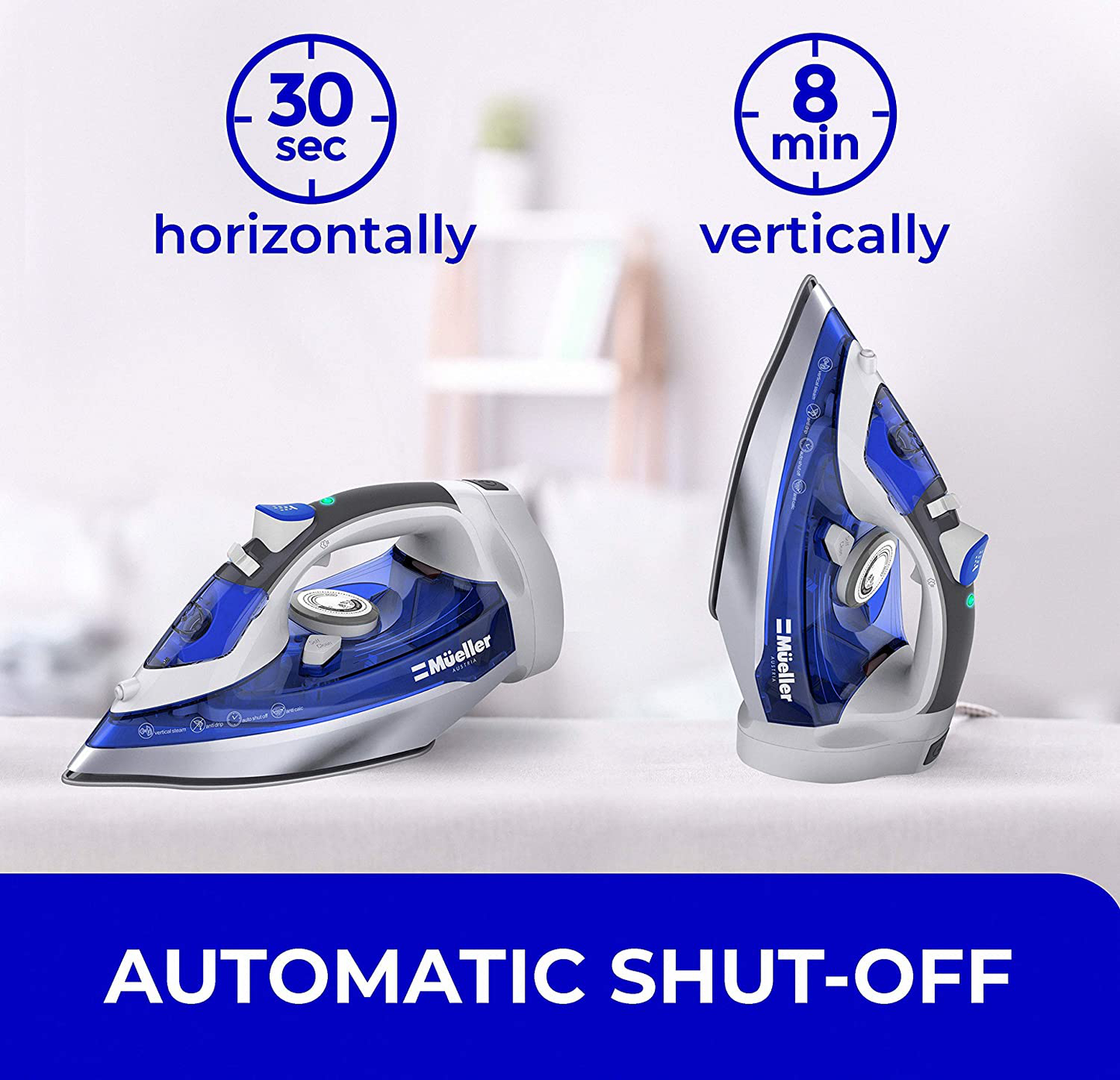Mueller Professional Grade Steam Iron, Retractable Cord for Easy Storage, Shot of Steam/Vertical Shot, 8 Ft Cord, 3 Way Auto Shut Off, Self Clean
