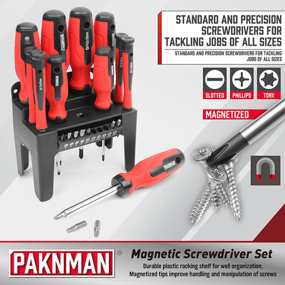 Magnetic Screwdriver Set with Rack,21-Pcs PAKNMAN Includs Slotted, Phillips, Torx and Precision Screwdriver Set Tools Gifts for Men
