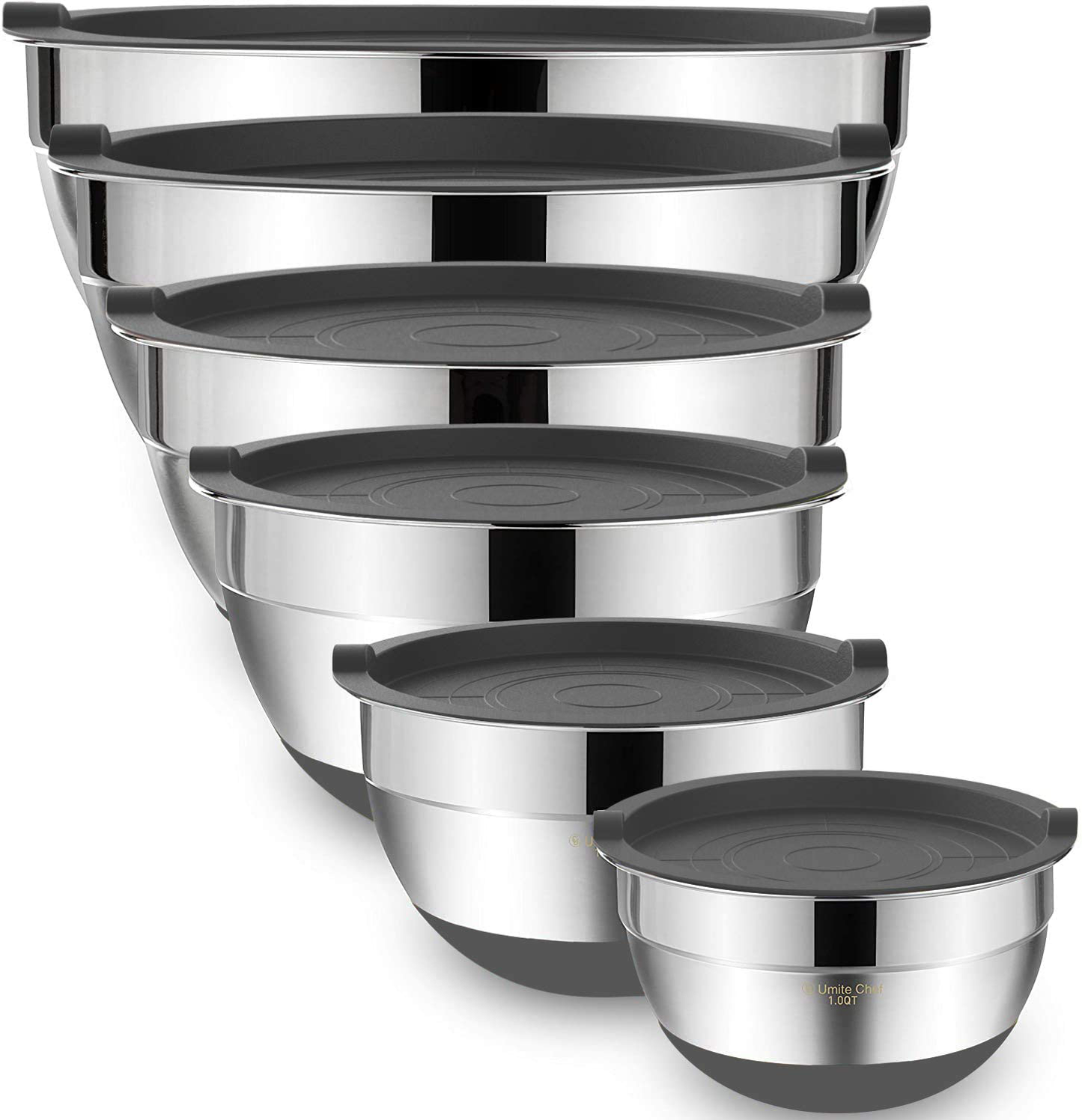 Mixing Bowls with Airtight Lids,6 piece Stainless Steel Metal Nesting Storage Bowls by Umite Chef, Non-Slip Bottoms Size 7, 3.5, 2.5, 2.0,1.5, 1QT, Great for Mixing & Serving(Grey)