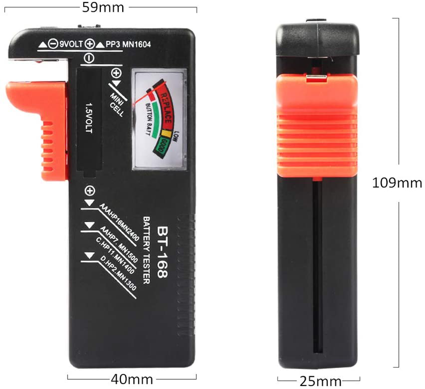 Battery Tester, VTECHOLOGY Model BT-168 Battery Checker for AA AAA C D 9V 1.5V Button Cell Batteries (Requires No Battery for Operation)