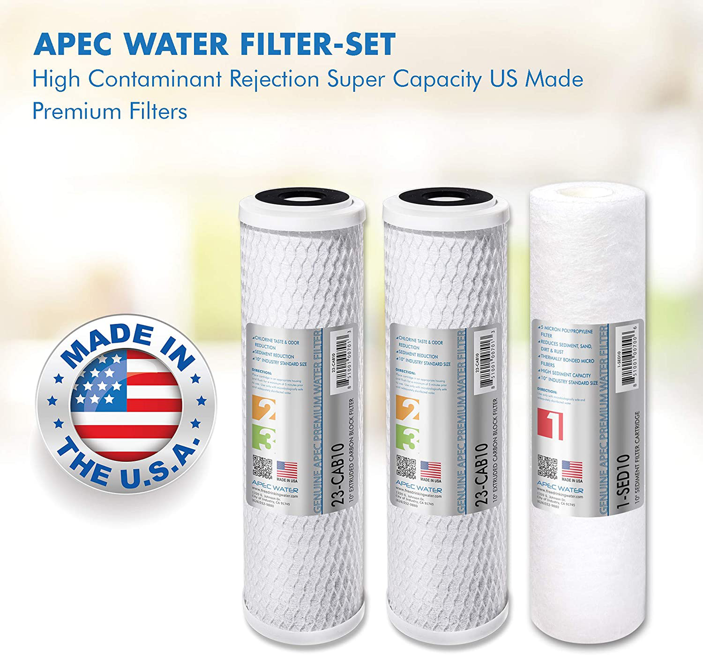 APEC Water Systems Filter-Set US Made Double Capacity Replacement Stage 1-3 for Reverse Osmosis System, White & DE 10" Inline Carbon Filter with ¼” Quick Connect For Reverse Osmosis Filter System