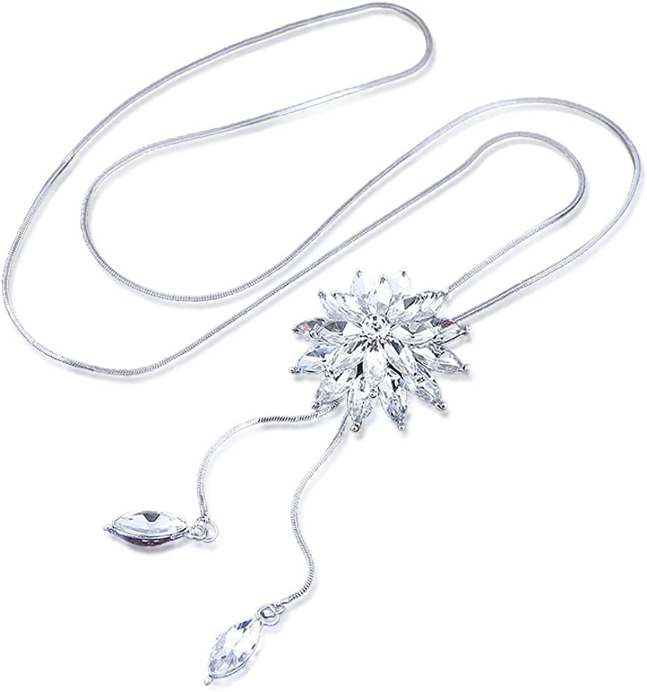 Women Alloy Pendant Rhinestone Long Chain Sweater Necklace