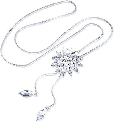 Women Alloy Pendant Rhinestone Long Chain Sweater Necklace