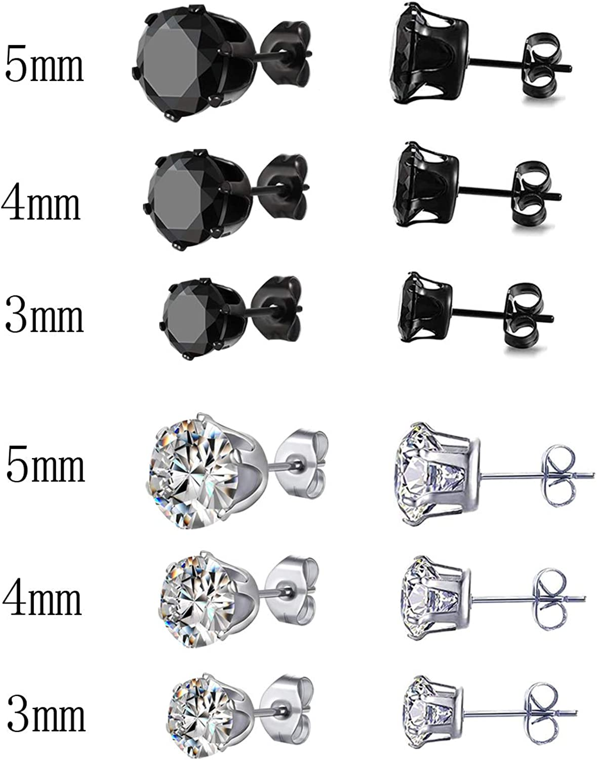 6 Pair Stainless Steel Mens Womens Stud Earrings Set Black and Clear round Cubic Zirconia Inlaid Pierced Hypoallergenic 3-5Mm(12Pcs,3 Pairs Black,3 Pairs Clear)