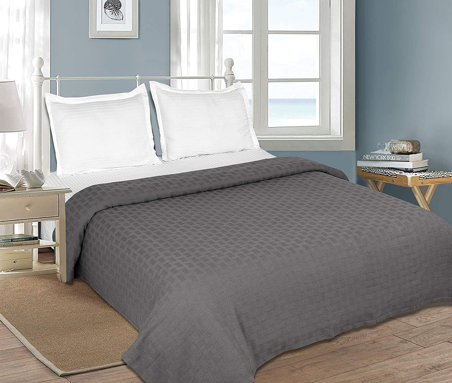GLAMBURG 100% Cotton Bed Blanket, Breathable Bed Blanket Twin Size, Cotton Thermal Blankets Twin Size - Perfect for Layering Any Bed for All Season - Charcoal Grey