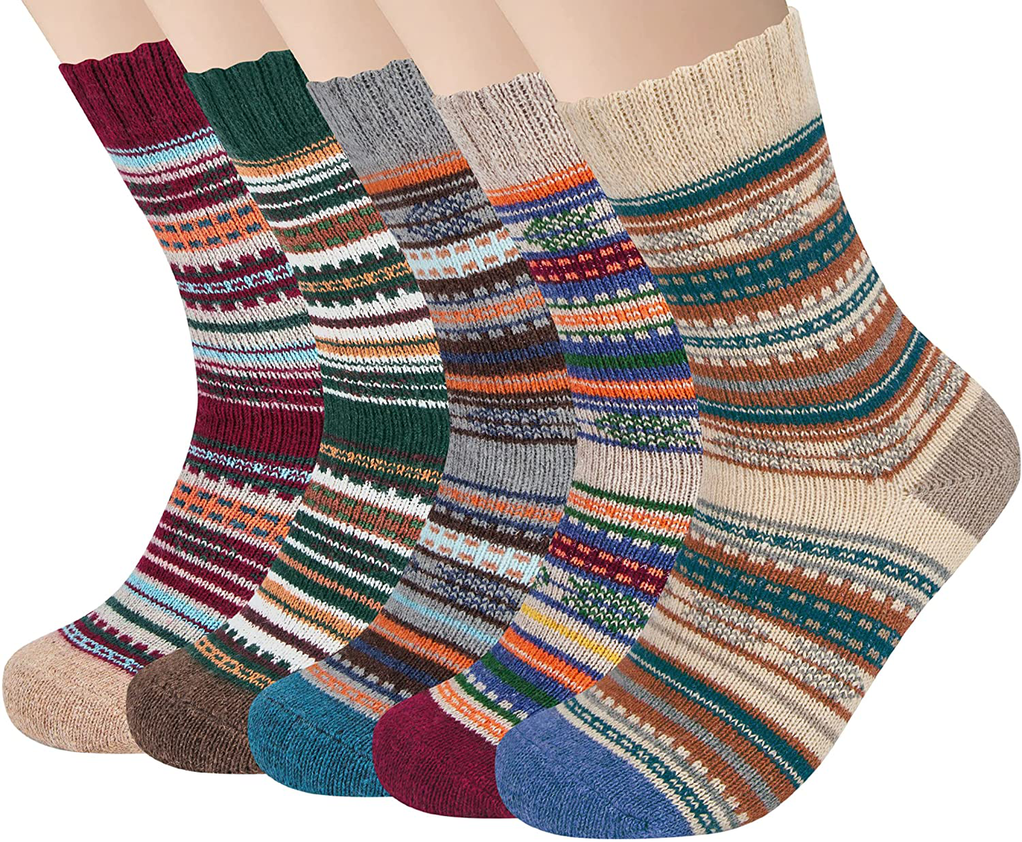 Womens Wool Socks, 5 Pairs Vintage Thick Knit Winter Warm Socks for Women Men Gifts