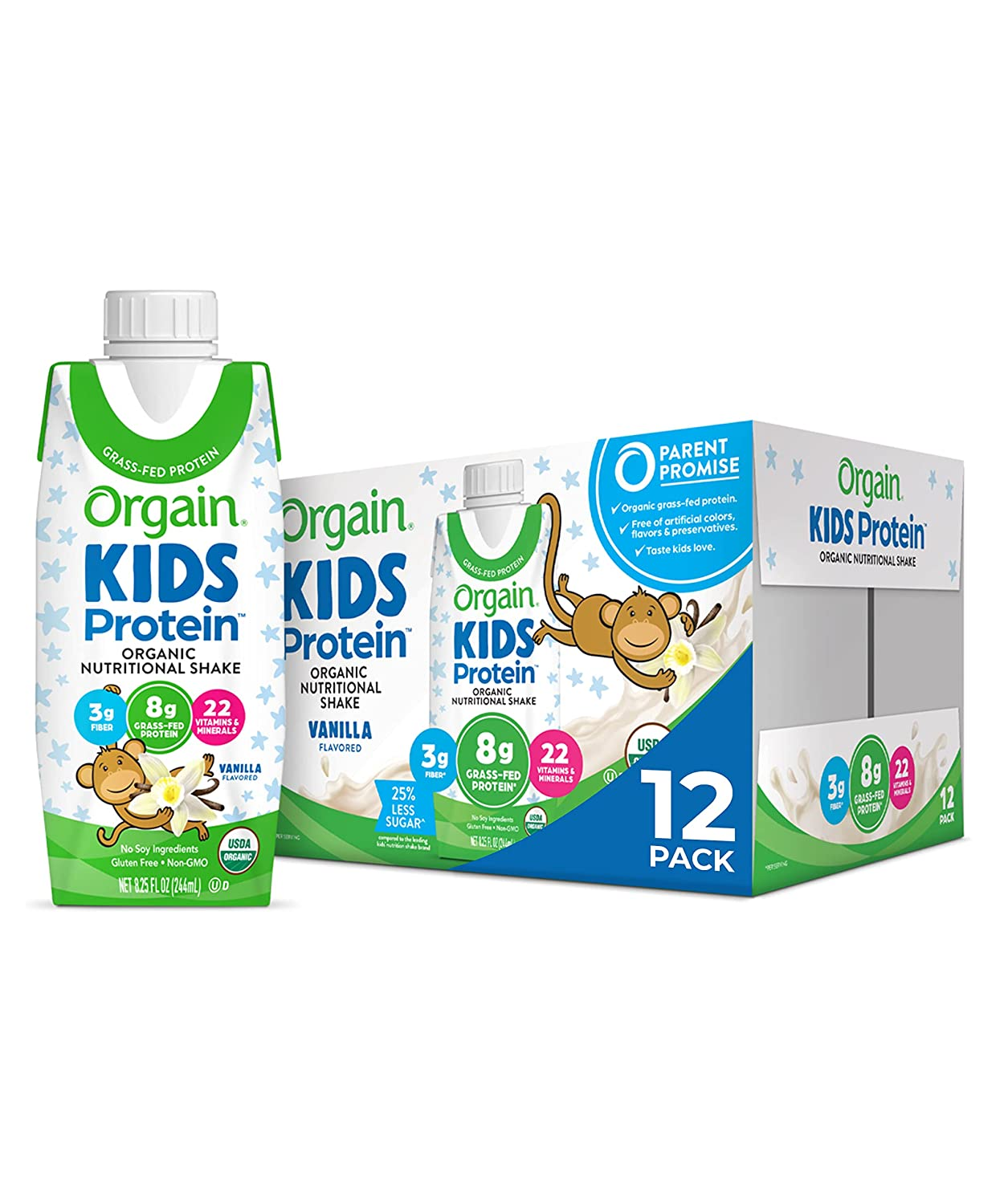 Orgain Organic Kids Protein Nutritional Shake, Chocolate - 8G of Protein, 22 Vitamins & Minerals, Fruits & Vegetables, Gluten Free, Soy Free, Non-Gmo, 8.25 Oz, 12 Ct (Packaging May Vary)