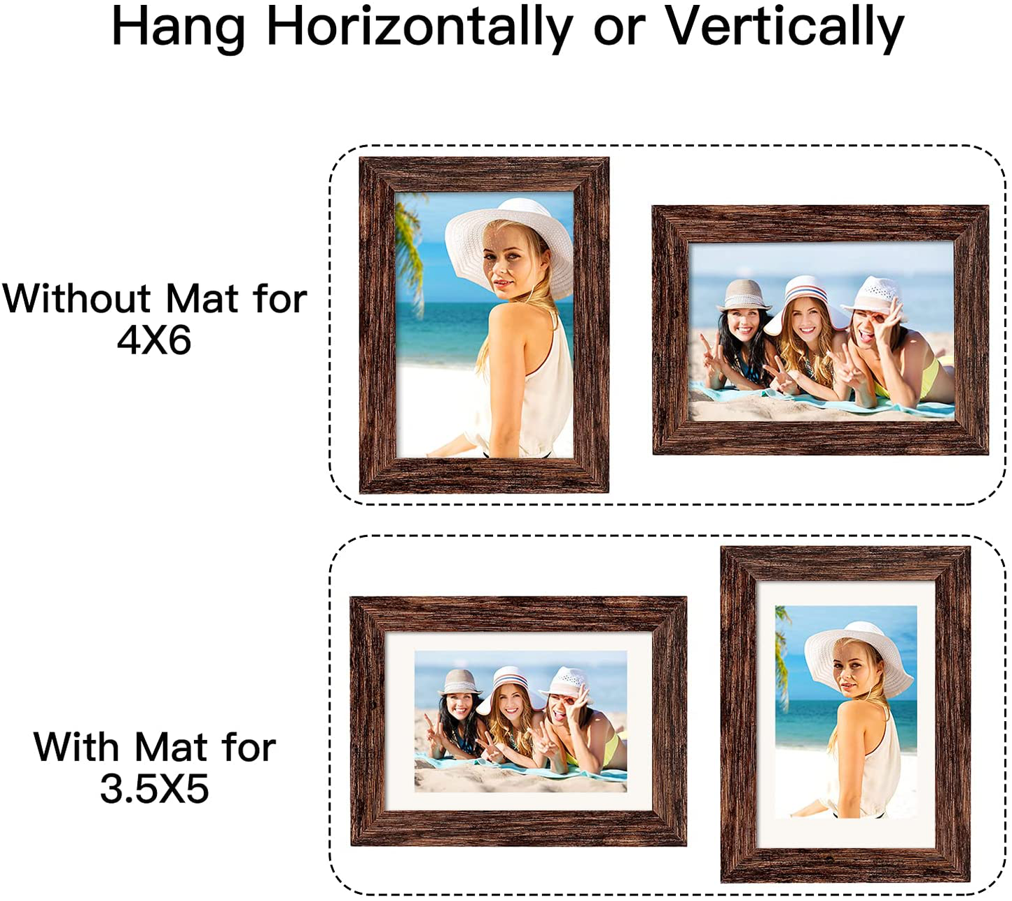 8x10 Picture Frame Distressed Farmhouse Wood Pattern Set of 4 with Tempered Glass,Display Pictures 5x7 with Mat or 8x10 Without Mat, Horizontal and Vertical Formats for Wall and Table Mounting