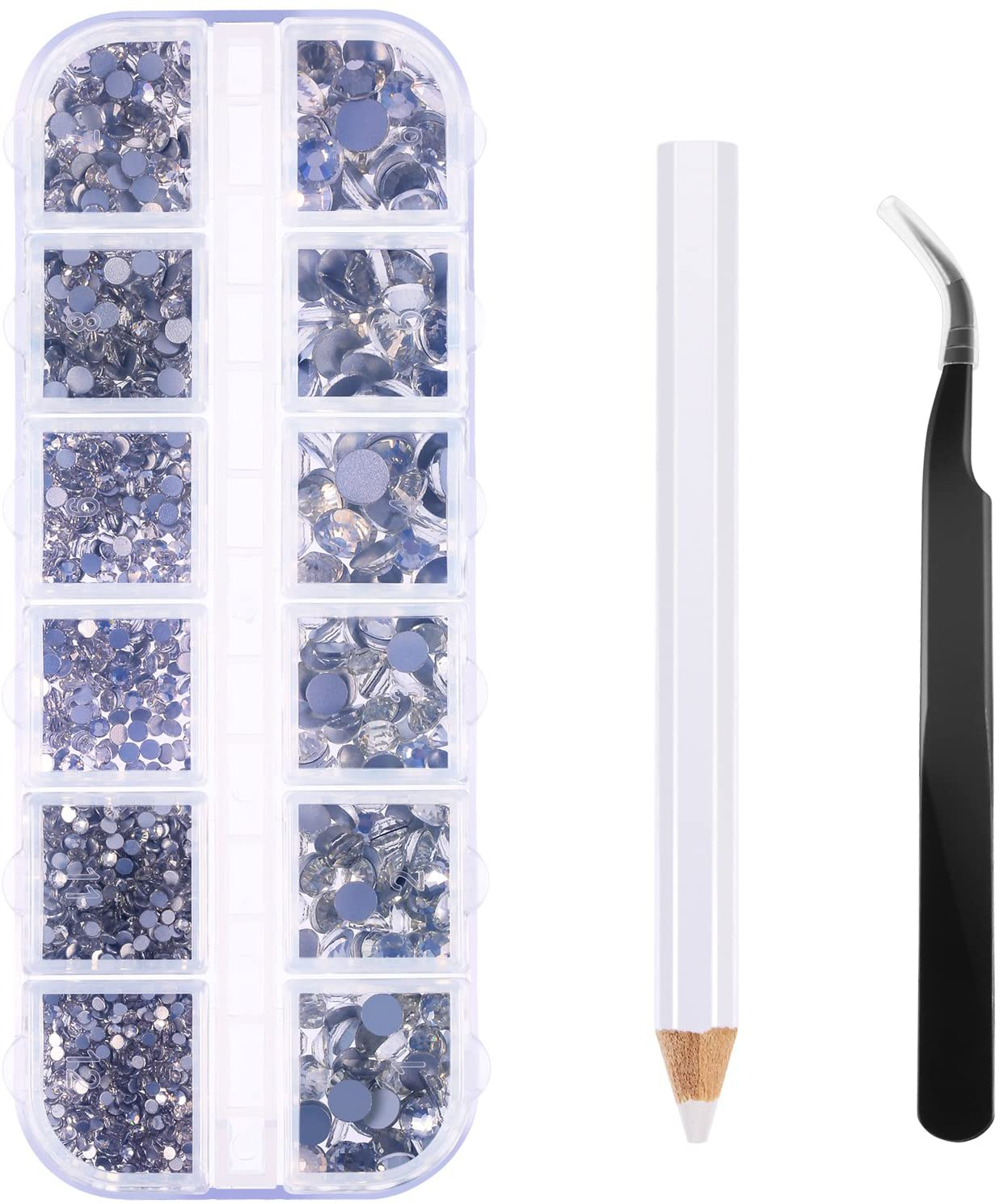 TecUnite 2000 Pieces Flat Back Gems Round Crystal Rhinestones 6 Sizes (1.5-6 mm) with Pick Up Tweezer and Rhinestones Picking Pen for Crafts Nail Face Art Clothes Shoes Bags DIY (Clear)