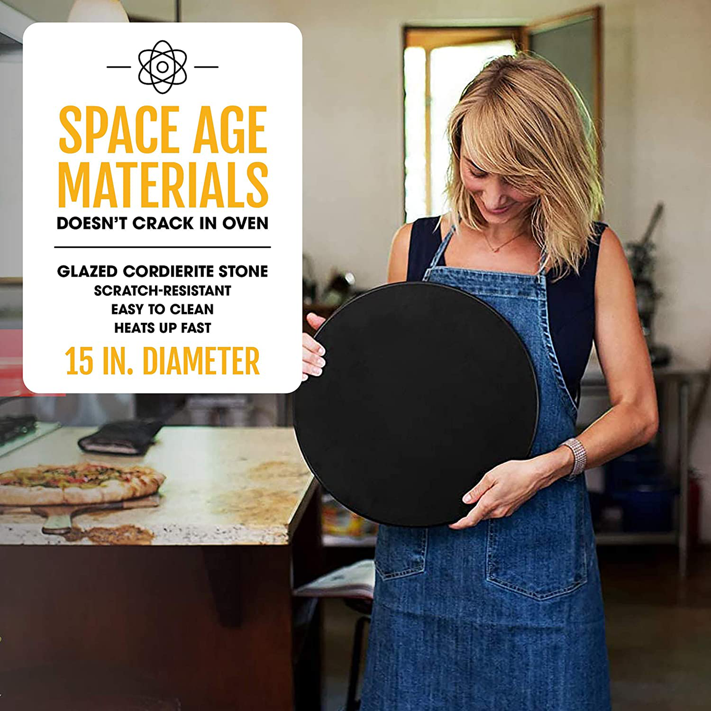 Heritage Pizza Stone, 15 Inch Ceramic Baking Stones for Oven Use - Non-Stick, No Stain Pan & Cutter Set for Gas, BBQ & Grill - Kitchen Accessories & Housewarming Gifts W/ Bonus Pizza Wheel - Black