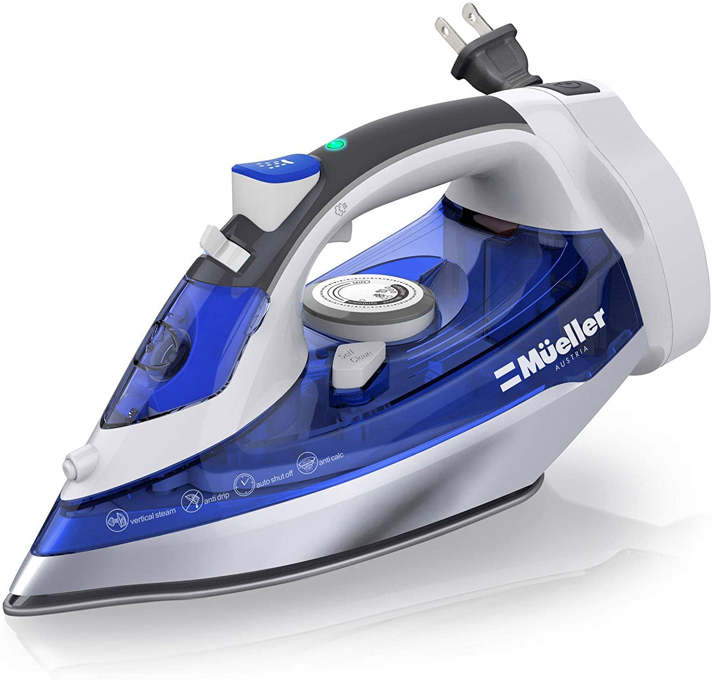 Mueller Professional Grade Steam Iron, Retractable Cord for Easy Storage, Shot of Steam/Vertical Shot, 8 Ft Cord, 3 Way Auto Shut Off, Self Clean