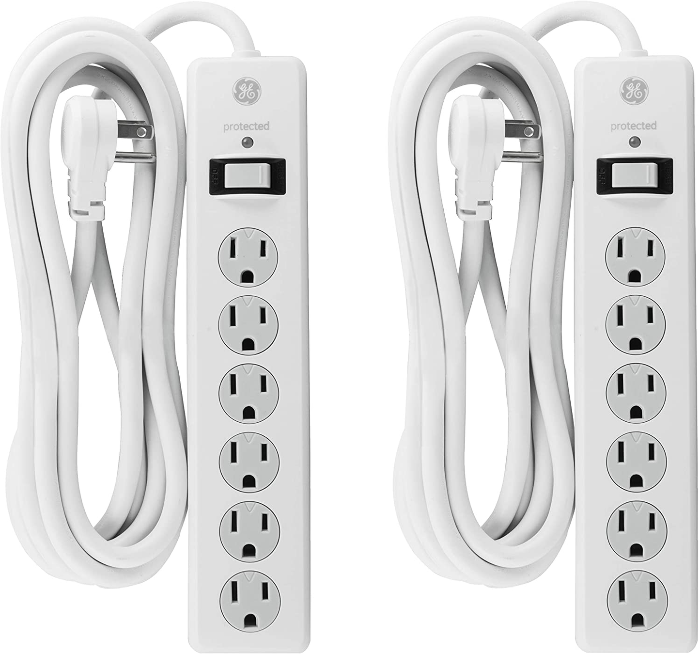 GE 6 Outlet Surge Protector, 10 Ft Extension Cord, Power Strip, 800 Joules, Flat Plug, Twist-to-Close Safety Covers, White, 14092