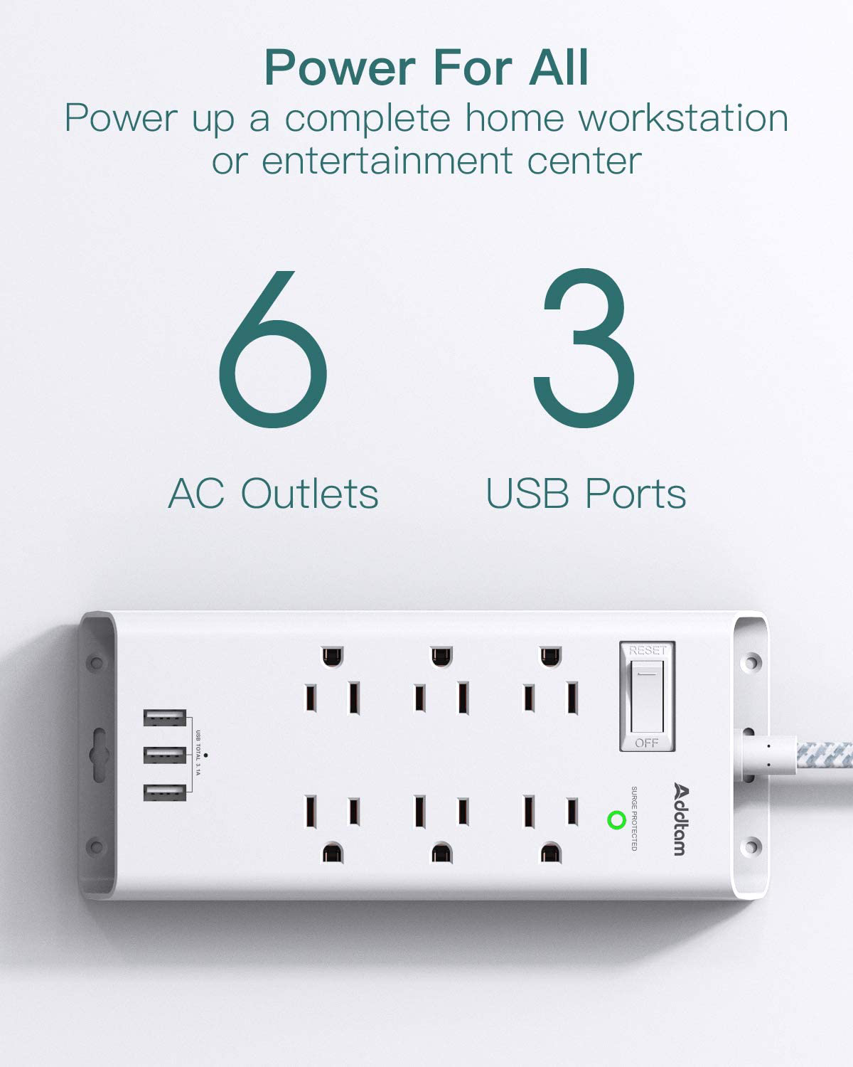Power Strip Surge Protector, Addtam 6 Outlets and 3 USB Ports 5Ft Long Extension Cord, Flat Plug Overload Surge Protection Outlet Strip, Wall Mount for Home, Office and More, ETL Listed
