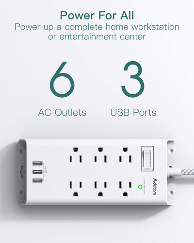 Power Strip Surge Protector, Addtam 6 Outlets and 3 USB Ports 5Ft Long Extension Cord, Flat Plug Overload Surge Protection Outlet Strip, Wall Mount for Home, Office and More, ETL Listed