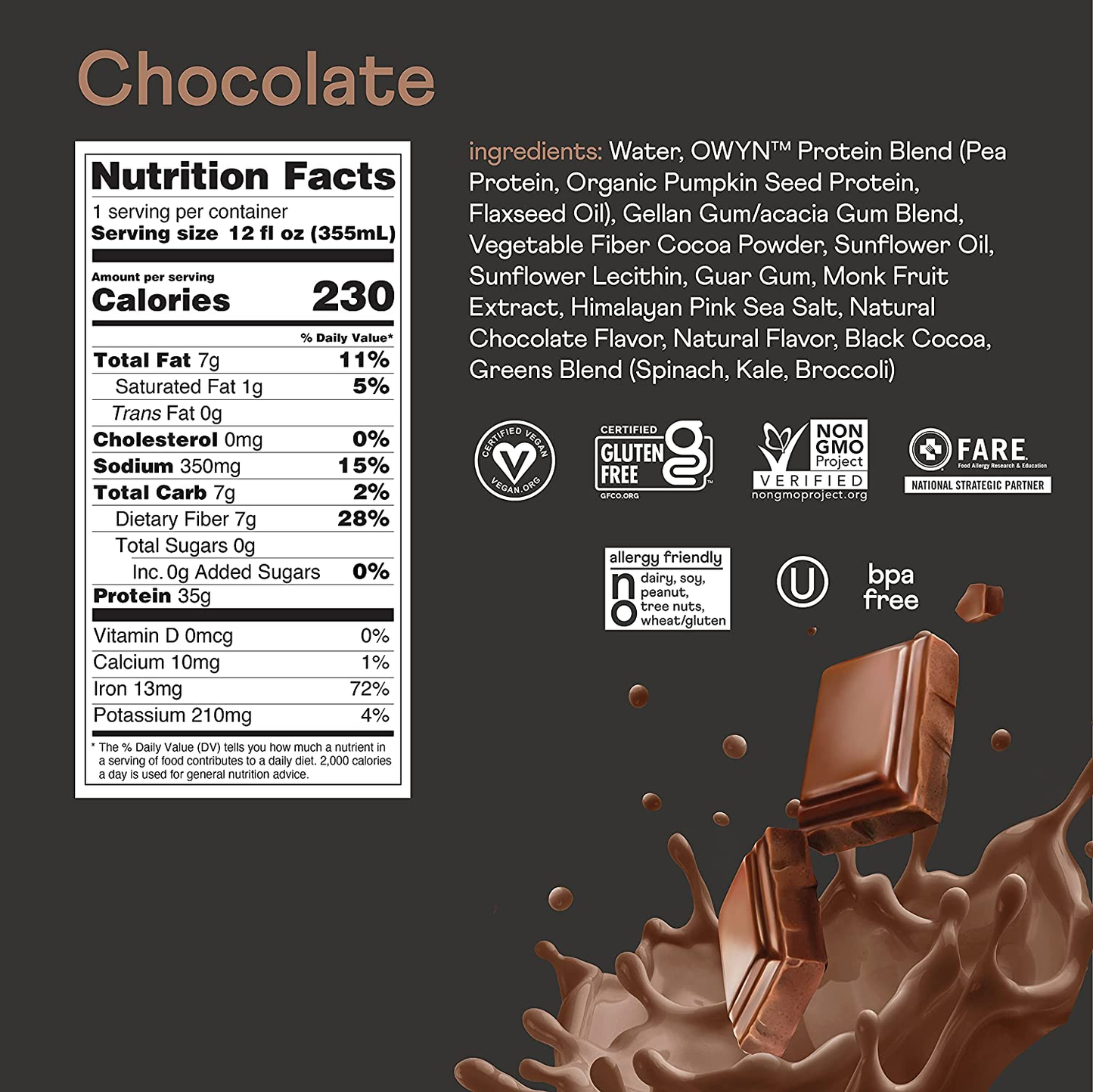 OWYN Chocolate Pro Elite Plant Protein, 12 FZ