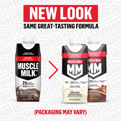 Muscle Milk Genuine Protein Shake, Chocolate, 11 Fl Oz Carton, 12 Pack, 25G Protein, Zero Sugar, Calcium, Vitamins A, C & D, 5G Fiber, Energizing Snack, Workout Recovery, Packaging May Vary