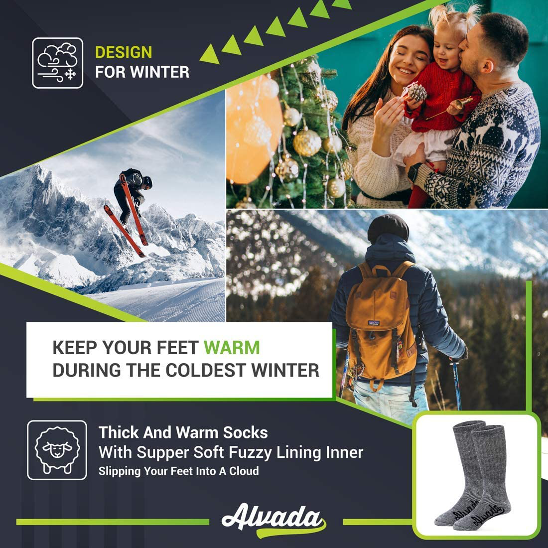 Alvada 80% Merino Wool Hiking Socks Thermal Warm Crew Winter Boot Sock for Men & Women 3 Pairs