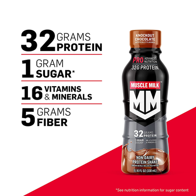 Muscle Milk Pro Advanced Nutrition Protein Shake, Knockout Chocolate, 11.16 Fl Oz Bottle, 12 Pack, 32G Protein, 1G Sugar, 16 Vitamins & Minerals, 5G Fiber, Workout Recovery, Energizing Snack, Packaging May Vary