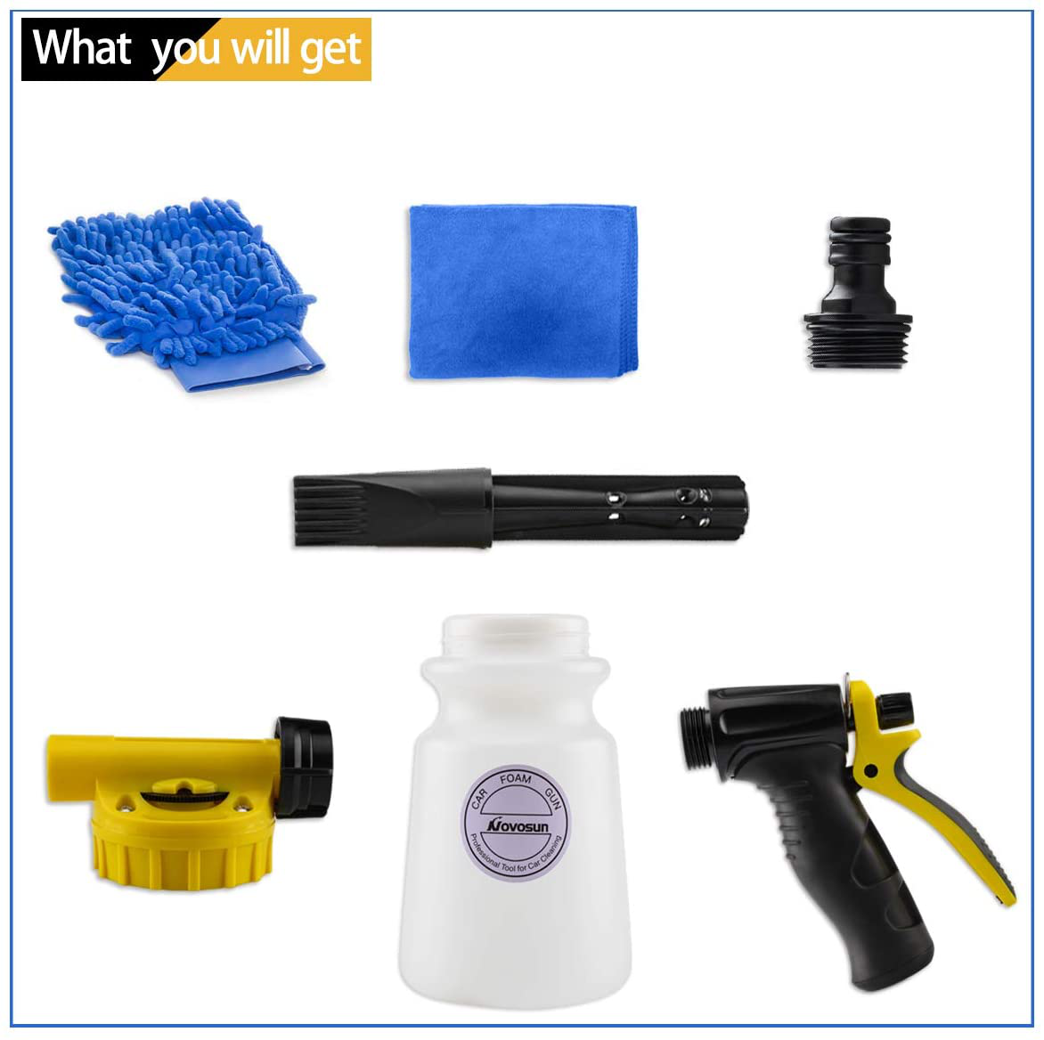 Foam Gun Car Wash Foam Sprayer Soap Foam Blaster, Adjustable Ratio Dial Foam Cannon for Cleaning with Quick Connector to Any Garden Hose (with Wash Mitt & Towel)