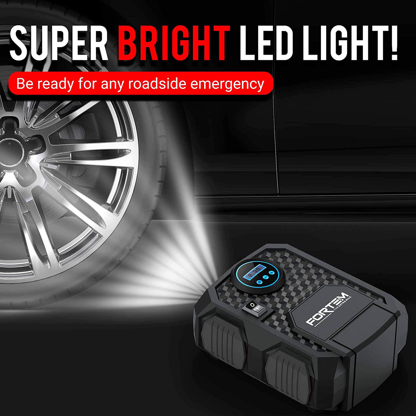 FORTEM Digital Tire Inflator for Car w/Auto Pump/Shut Off Feature, Portable Air Compressor, Carrying Case