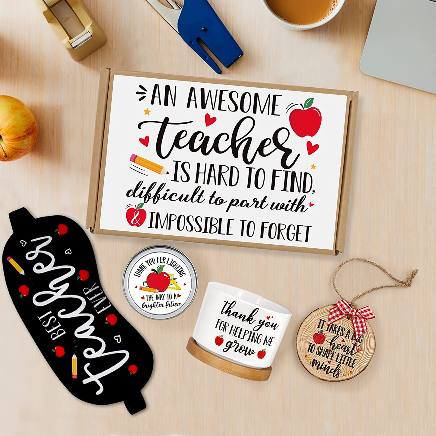 Teacher Appreciation Gift Basket Birthday Christmas Gift Box for Master Tutor Mr. Mrs with Holiday Ornament Patch Succulent Plant Pot Greeting Card Apple Candle Present Idea from Student Set of 4