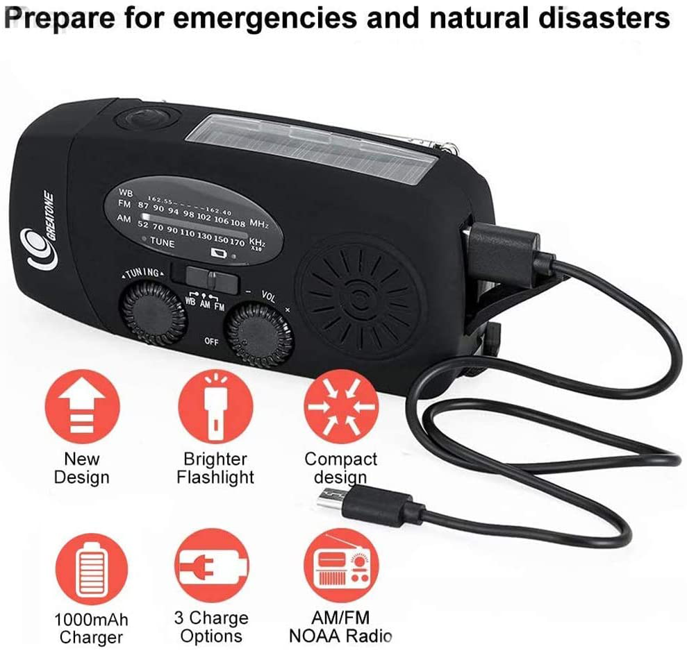 Weather Radio Emergency Hand Crank Self Powered AM/FM NOAA Solar Portable Camping Weather Radio with LED Flashlight