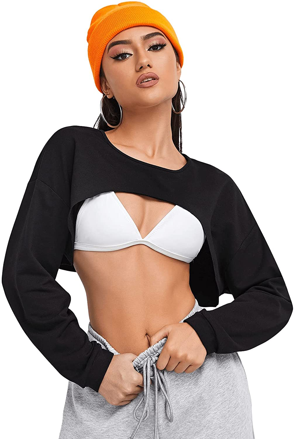 SweatyRocks Women's Casual Solid Cut Out Front Long Sleeve Pullover Crop Top Sweatshirt