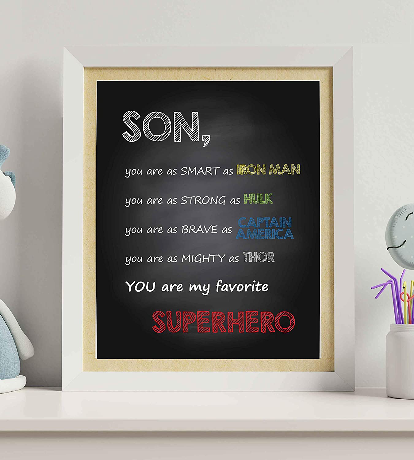 "Son-You Are My Favorite Superhero" Inspirational Wall Art Sign -8 x 10" Artistic Typographic Poster Print-Ready to Frame. Perfect Home-Kids Bedroom-Nursery Decor. Great Decoration for Marvel Fans!