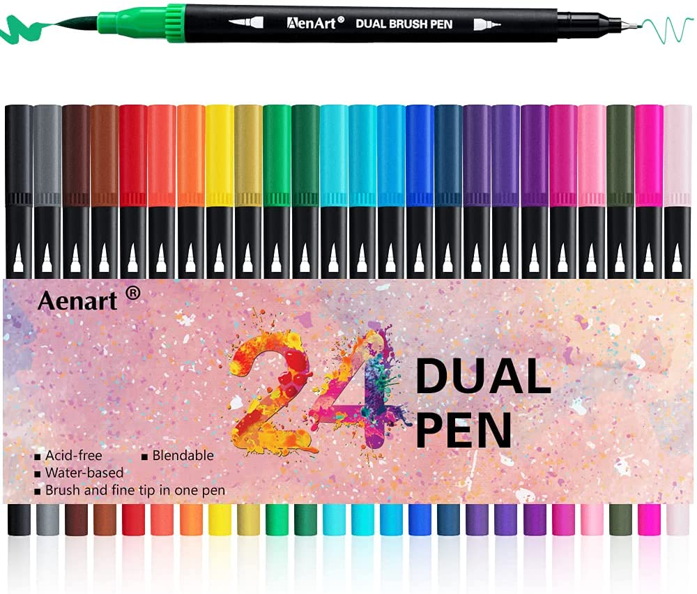 Dual Brush Markers for Adult Coloring Books, 24 Colored Marker Set for Kids - Dual Tip Art Marker Pens Fine & Brush Tip for School Office Journal, Note Taking, Drawing