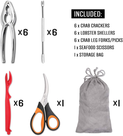 Hiware 19-piece Seafood Tools Set includes 6 Crab Crackers, 6 Lobster Shellers, 6 Crab Leg Forks/Picks and 1 Seafood Scissors & Storage Bag - Nut Cracker Set