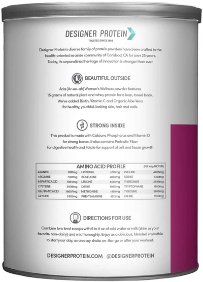 Designer Wellness, Aria, Women'S Wellness Low Calorie Protein Powder with Biotin, Vitamin C and Organic Aloe, Vanilla, 12 Oz