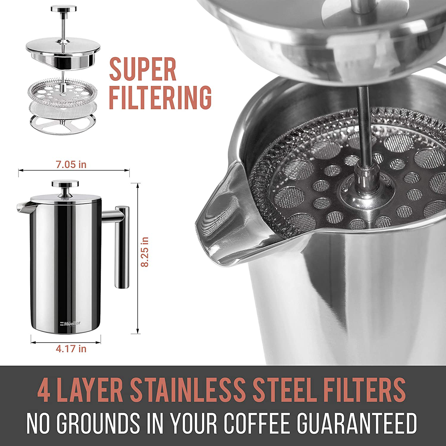 Mueller French Press Double Insulated 304 Stainless Steel Coffee Maker 4 Level Filtration System, No Coffee Grounds, Rust-Free, Dishwasher Safe
