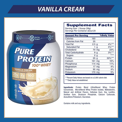 Whey Protein Powder by Pure Protein, Gluten Free, Vanilla Cream, 1.75 Lbs