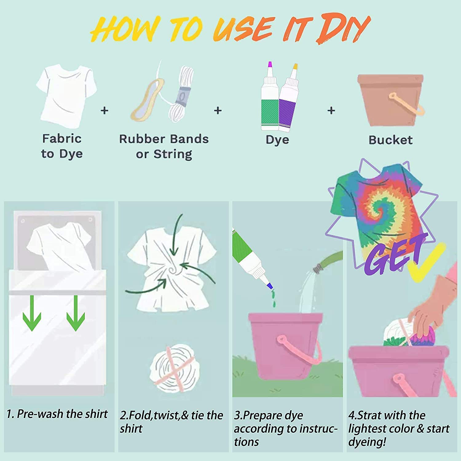 DIY Tie Dye Kits, Emooqi 32 Colours All-in-1 Tie Dye Set Contain 32 Bag Pigments, Rubber Bands, Gloves, Sealed Bag, Apron and Table Covers