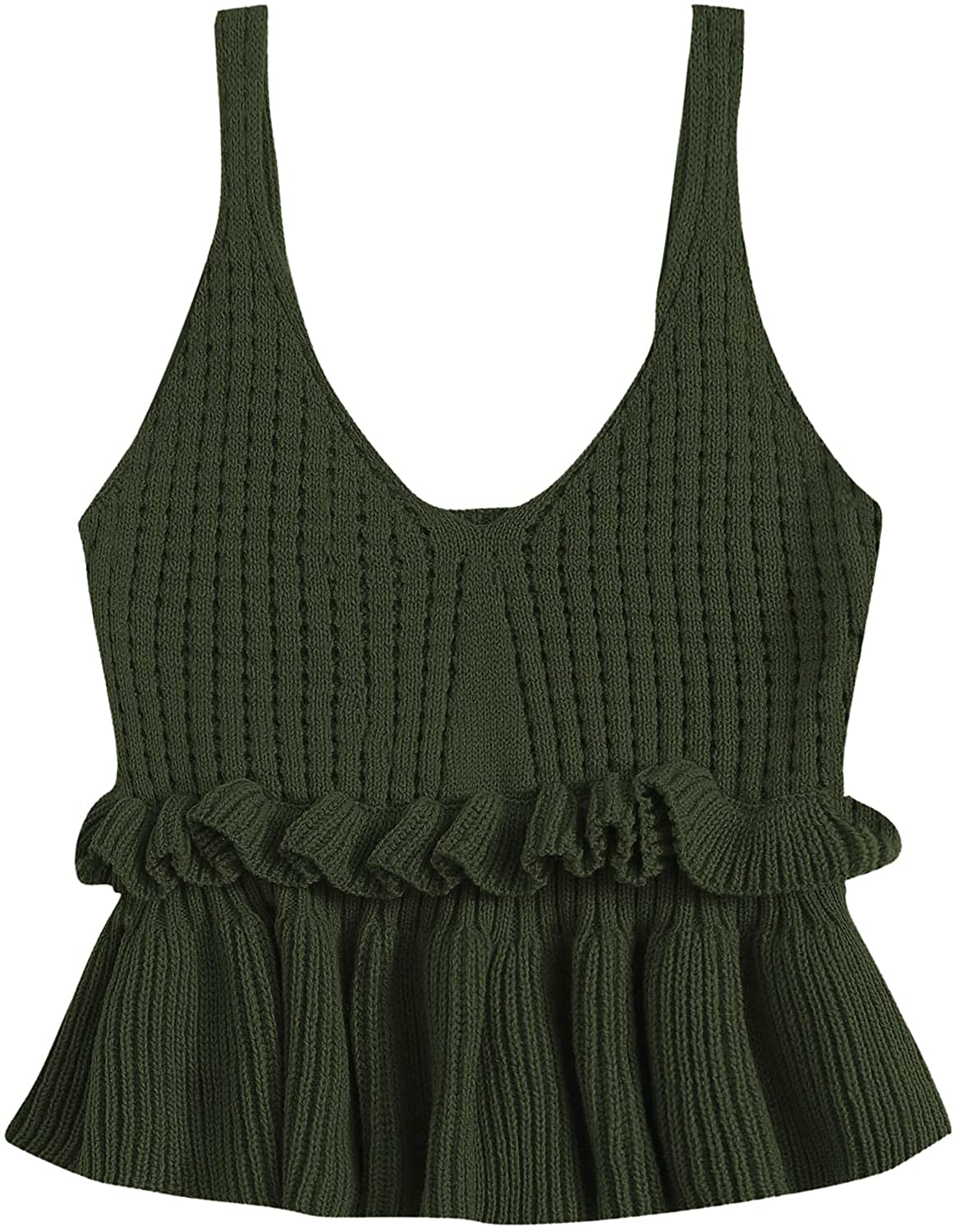 SweatyRocks Women's Casual Knit Top Sleeveless Ruffle Hem V Neck Peplum Crop Tank Top