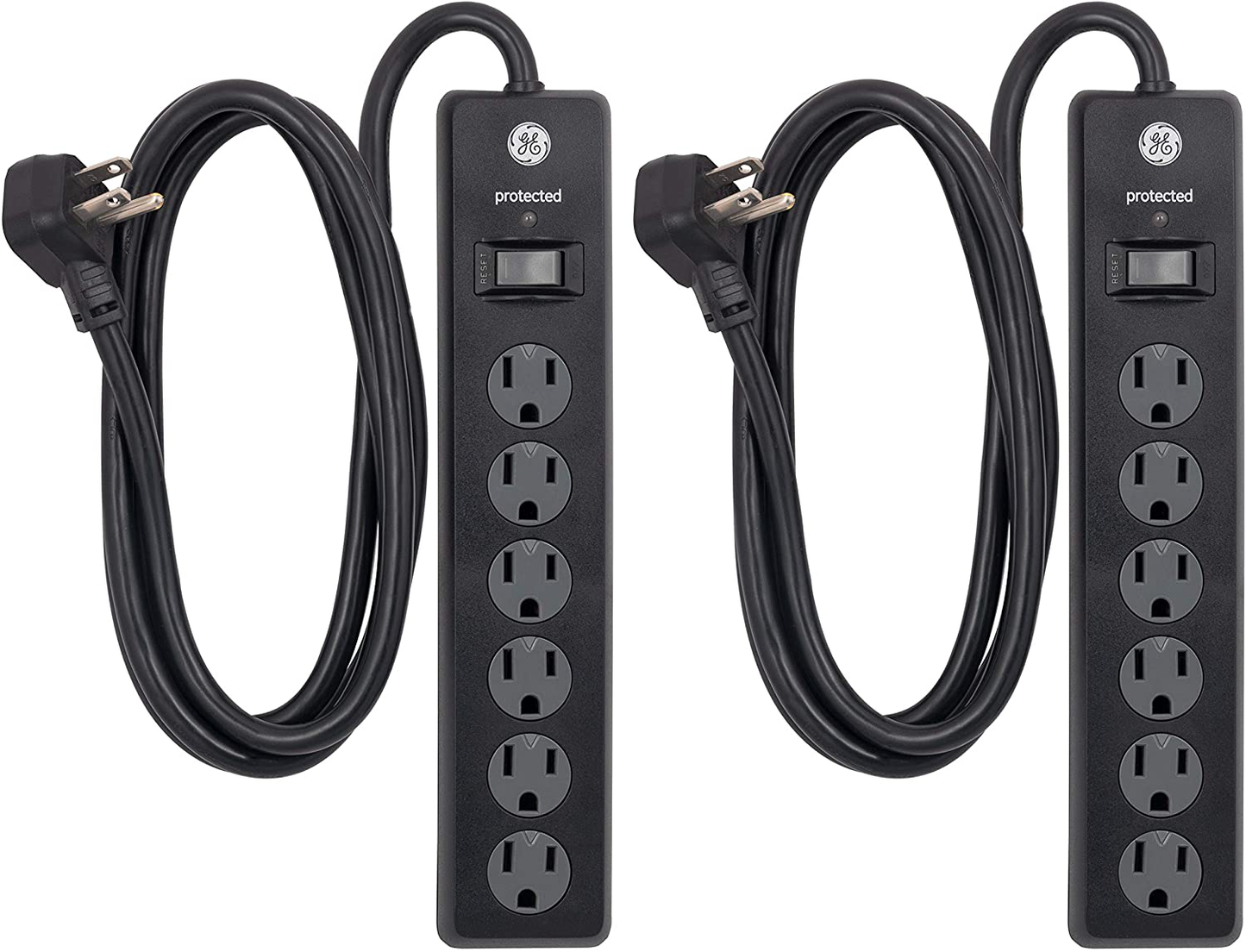GE 6 Outlet Surge Protector, 10 Ft Extension Cord, Power Strip, 800 Joules, Flat Plug, Twist-to-Close Safety Covers, White, 14092