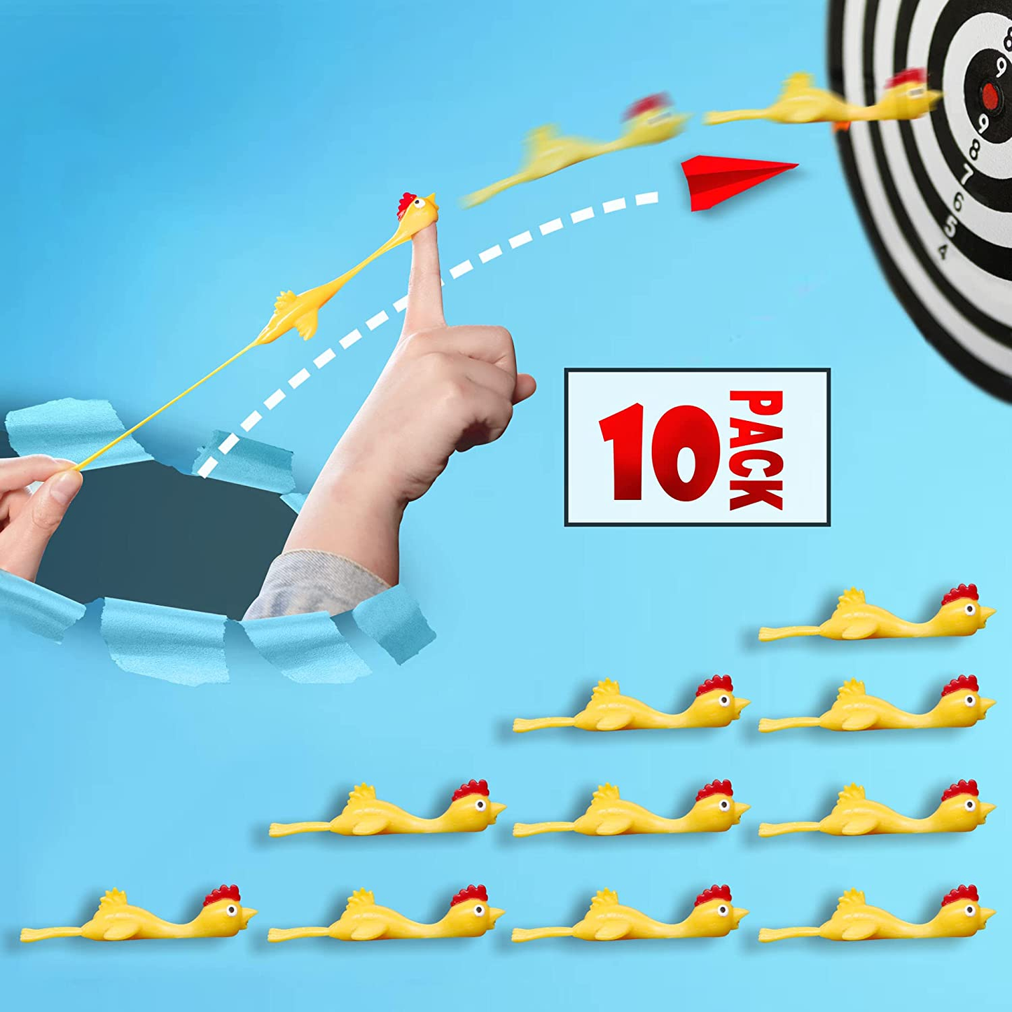 Novelty Place 10 Pcs Slingshot Chicken Flying Finger Toys - Stretchy Rubber Flick Chicks Shooting Game for Kids & Adults - Stress Relieve Fidget Toy, Party Favors & Easter Gift (4 Inch)